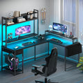 L Shaped Gaming Computer Desk with Monitor Shelf, Power Outlets & LED Lights A7639