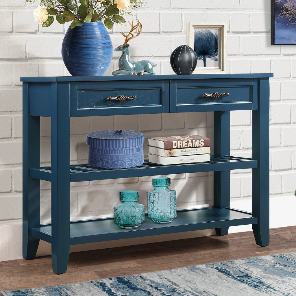 Navy Blue 42'' Solid Wood Console Sofa Table with 2 Drawers and 2 Shelves D790