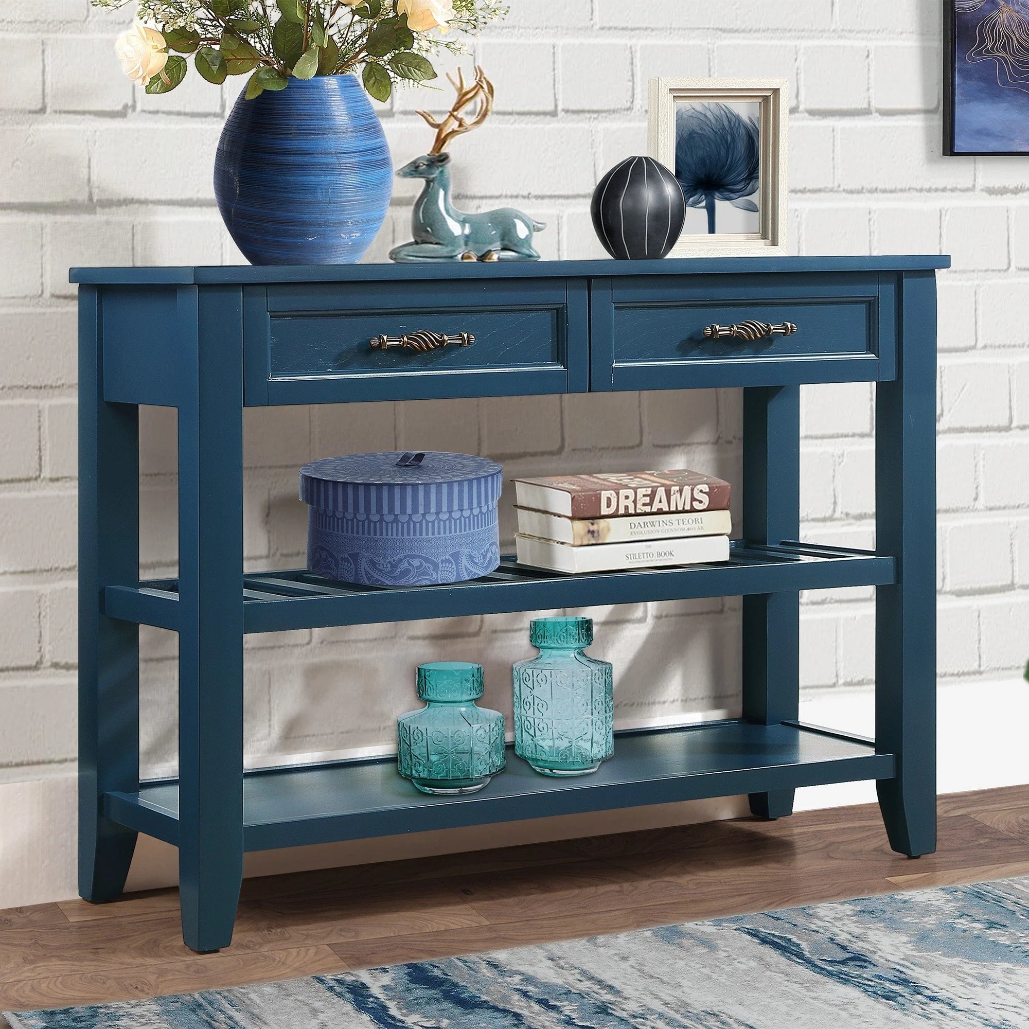 Navy Blue 42'' Solid Wood Console Sofa Table with 2 Drawers and 2 Shelves D790