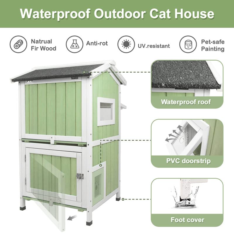 Outdoor Cat Shelter Weatherproof Two Story Wooden Cat House with Openable Roof Escape Door A940511