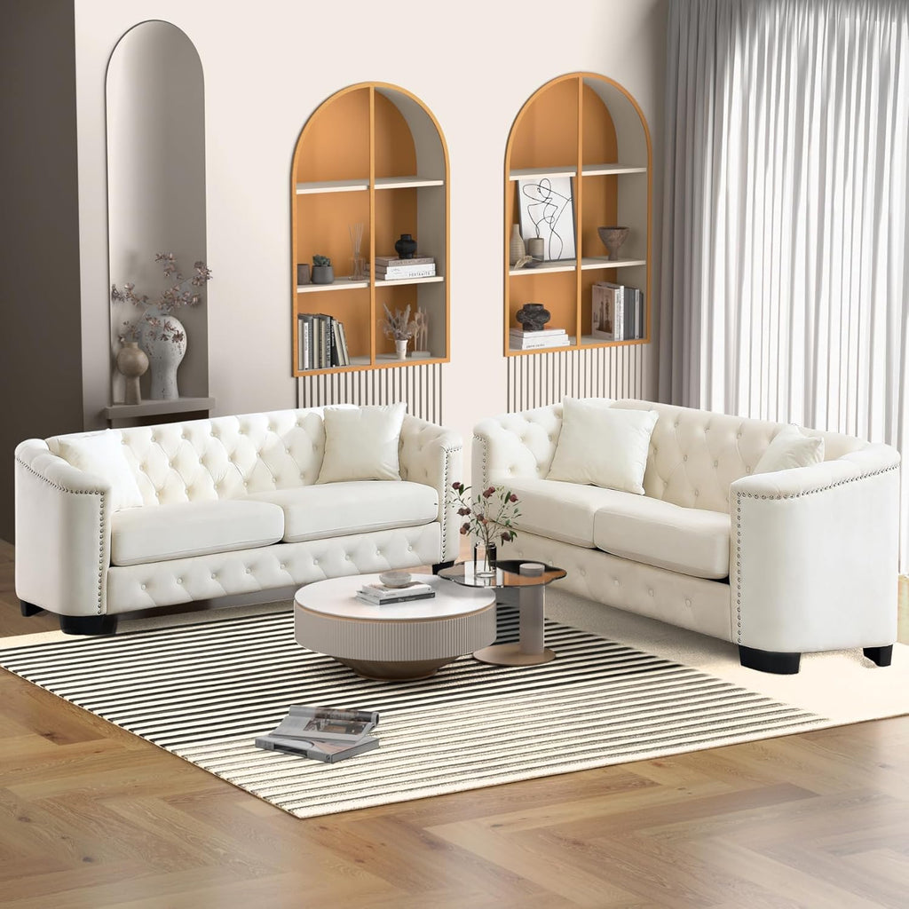 Beige Velvet 3-Seater Sofa with 2 Pillows S5464