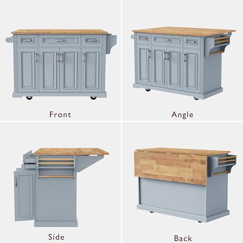 Green Large Kitchen Island with 2 Drop Leaf, 3 Drawers, 55.7" B9614
