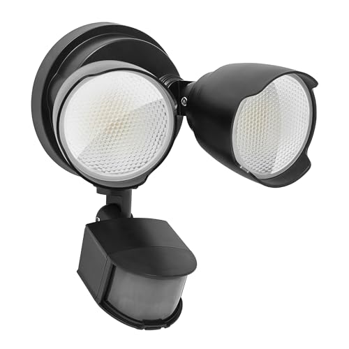 15W 1500 Lumen LED Security Lights with Motion Sensor Outdoor, 3000K/5000K Light, IP65 Waterproof, Dusk to Dawn, Dual-Head Flood Wall Light (Black) W116