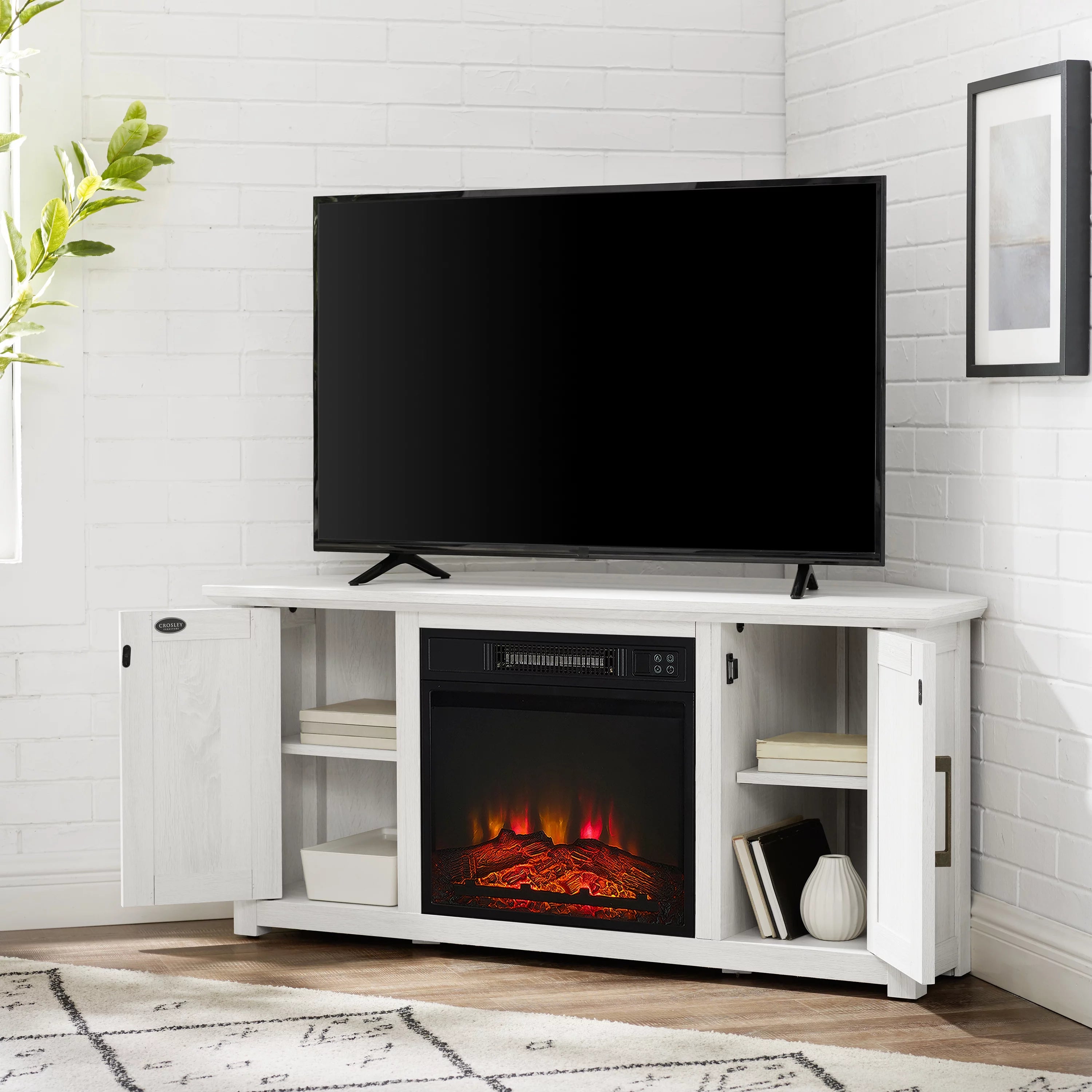 Whitewash Wood Corner TV Stand with Fireplace G522609