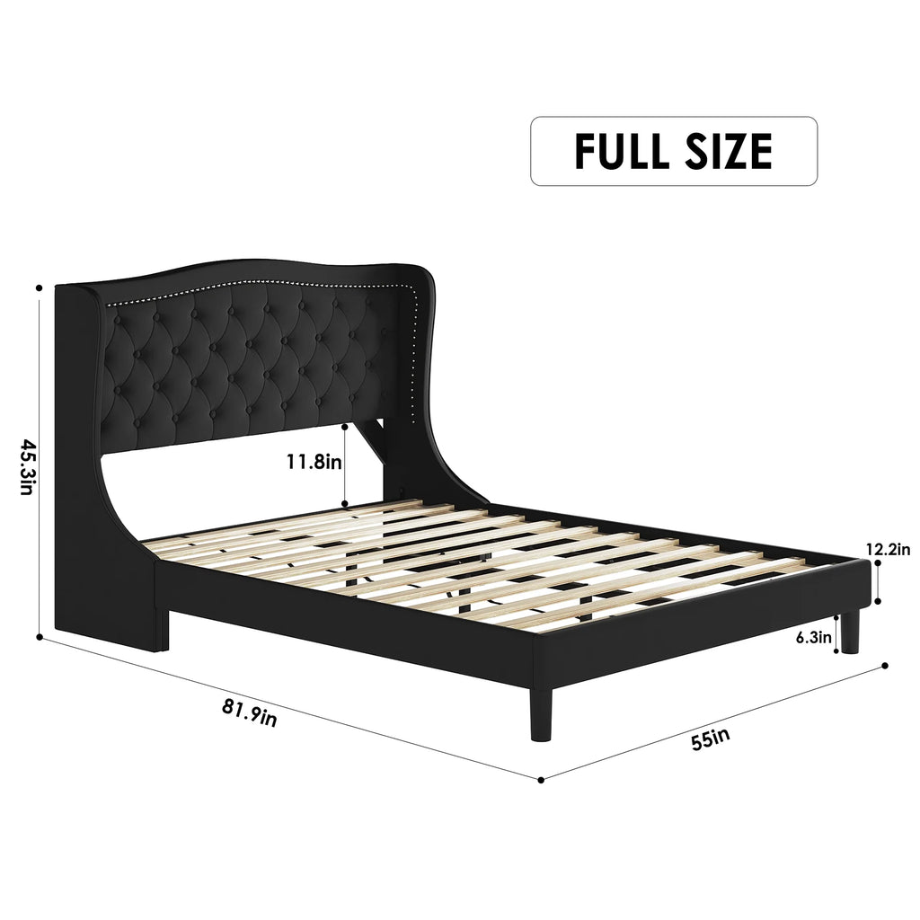 Black Full Bed Frame with Wing-Back Button Tufted Upholstered Headboard and Wood Slat Support O735681