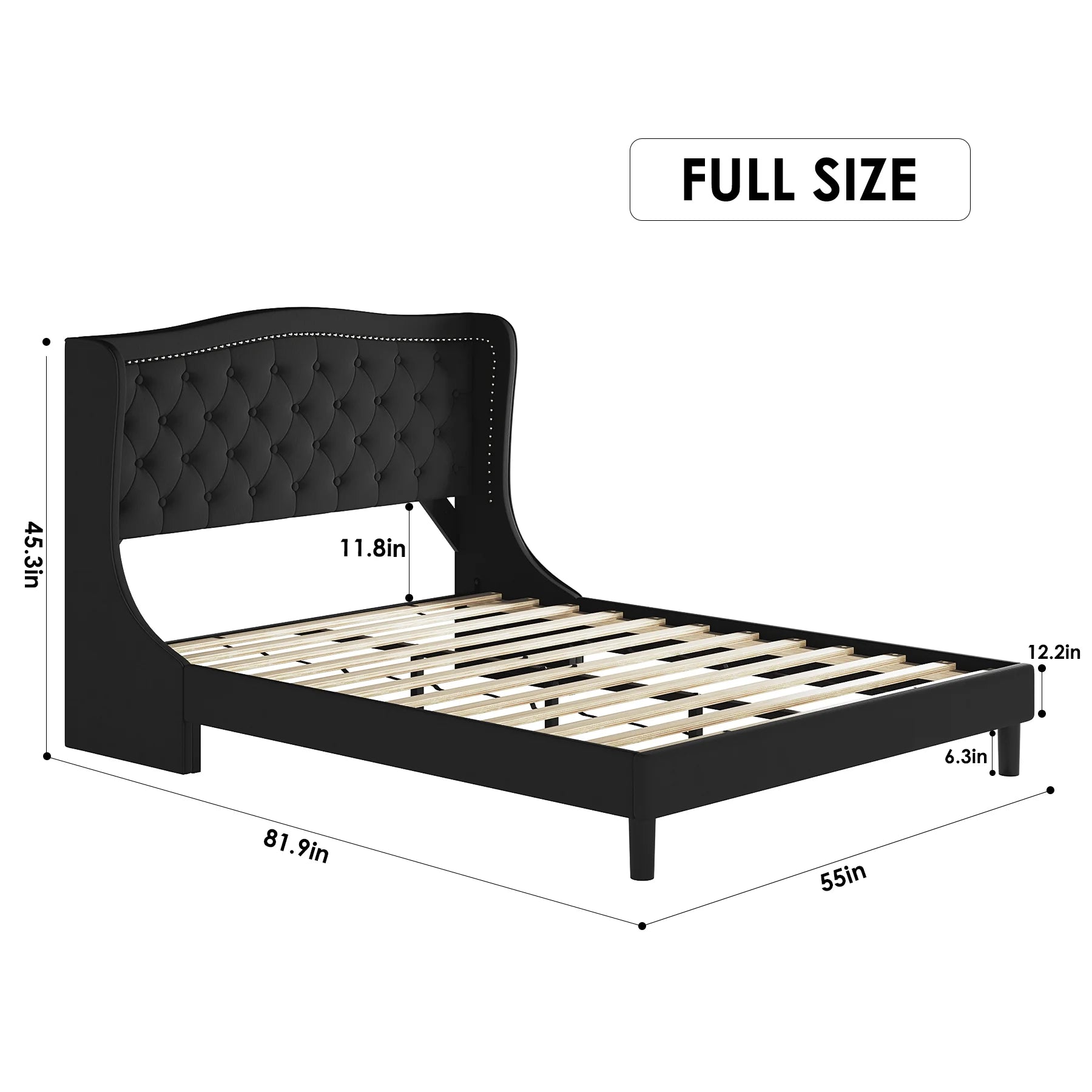 Black Full Bed Frame with Wing-Back Button Tufted Upholstered Headboard and Wood Slat Support O735681