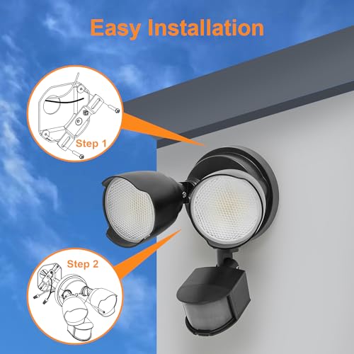 15W 1500 Lumen LED Security Lights with Motion Sensor Outdoor, 3000K/5000K Light, IP65 Waterproof, Dusk to Dawn, Dual-Head Flood Wall Light (Black) W116