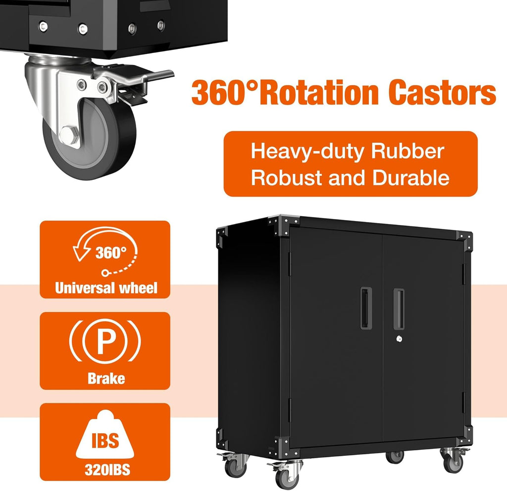 Black Metal Steel Storage Cabinet with Wheels and Pegboard I9212