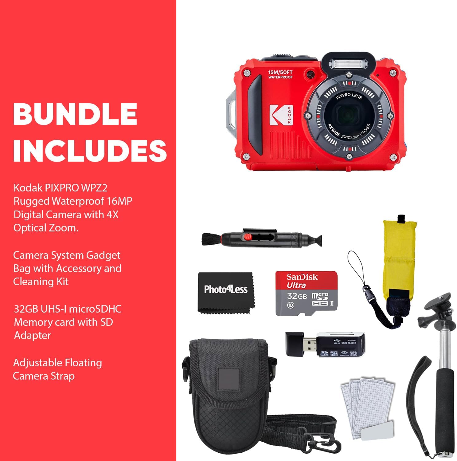 Red Rugged Waterproof Digital Camera with Case, Monopod, Card Reader (9 Items) X37211
