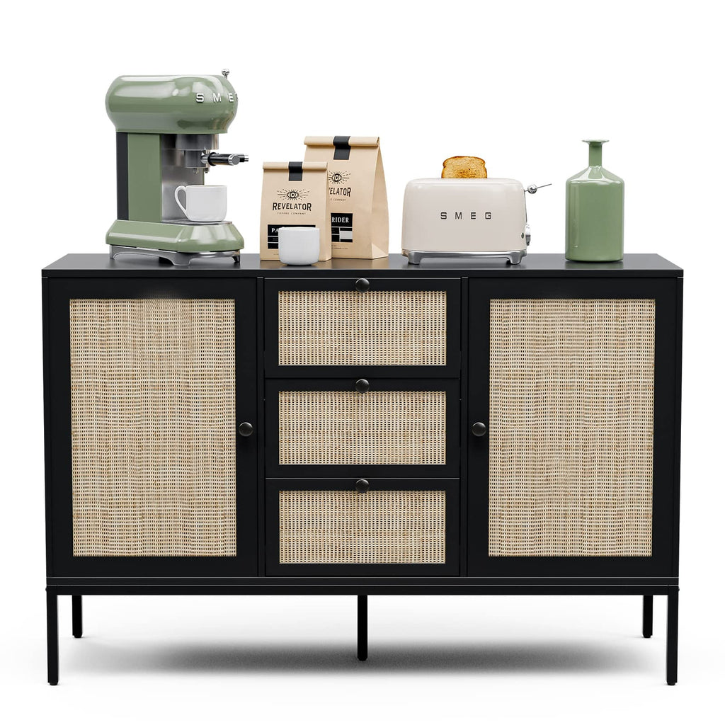 Black Rattan Sideboard Cabinet with 3 Drawers and 2 Doors G3654