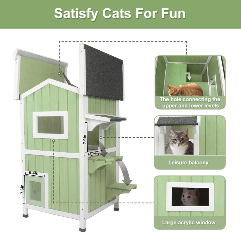 Outdoor Cat Shelter Weatherproof Two Story Wooden Cat House with Openable Roof Escape Door A940511