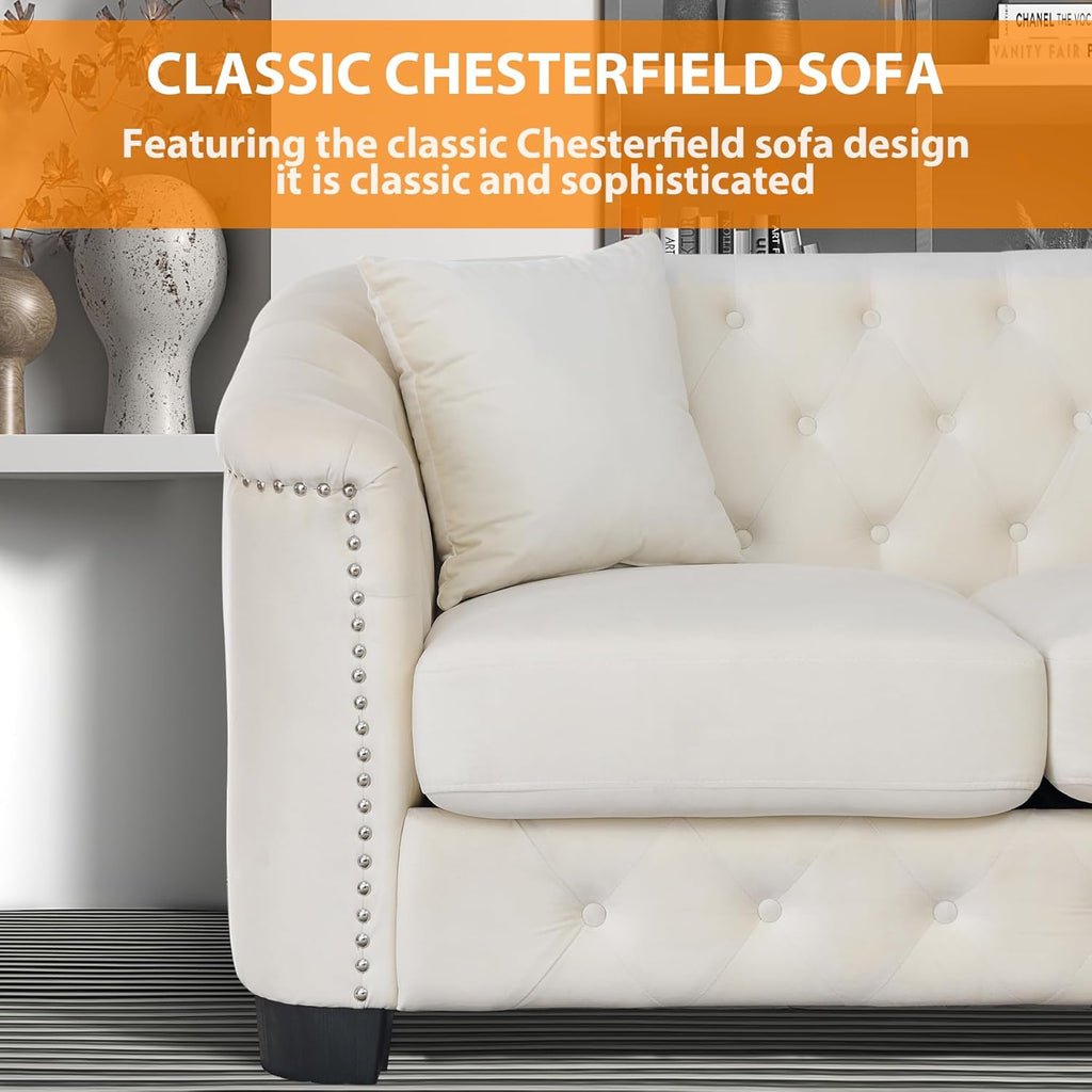Beige Velvet 3-Seater Sofa with 2 Pillows S5464