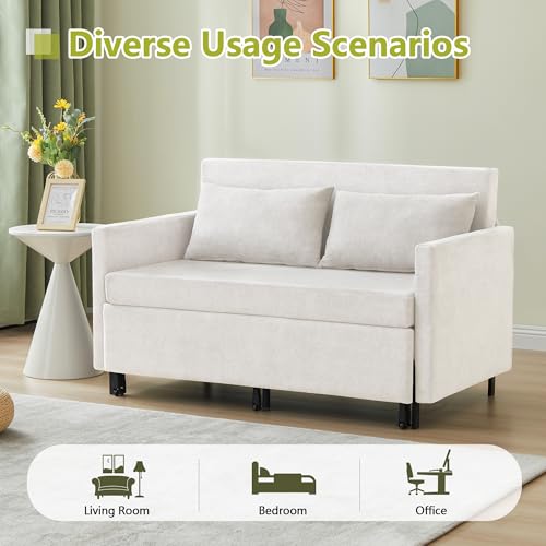 3-in-1 Sleeper Sofa Bed, 51'' Convertible Folding Couch with Pullout Bed, Chenille Futon Sleeper Sofa with Side Table and 2 Pillows, Grey A67760