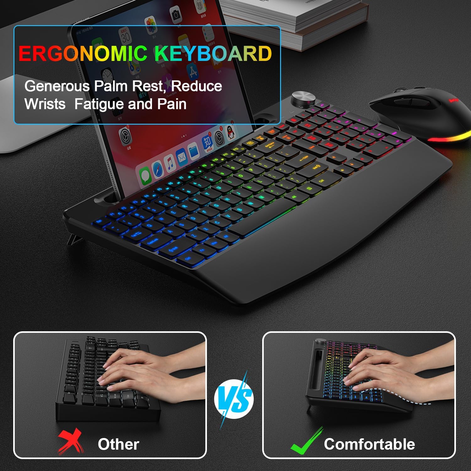 Wireless Keyboard and Mouse Combo, 2.4G Rechargeable Ergonomic Gaming Keyboard with Wrist Rest J3155