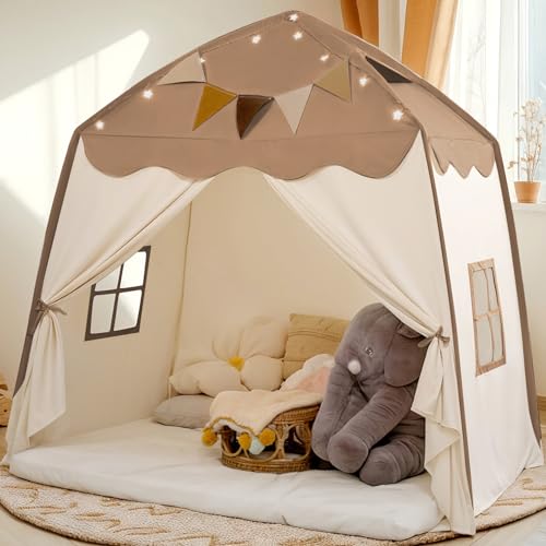 Cream Extra Large Kids Play Tent with Flags & Star Lights, 59x39x59 in H711292