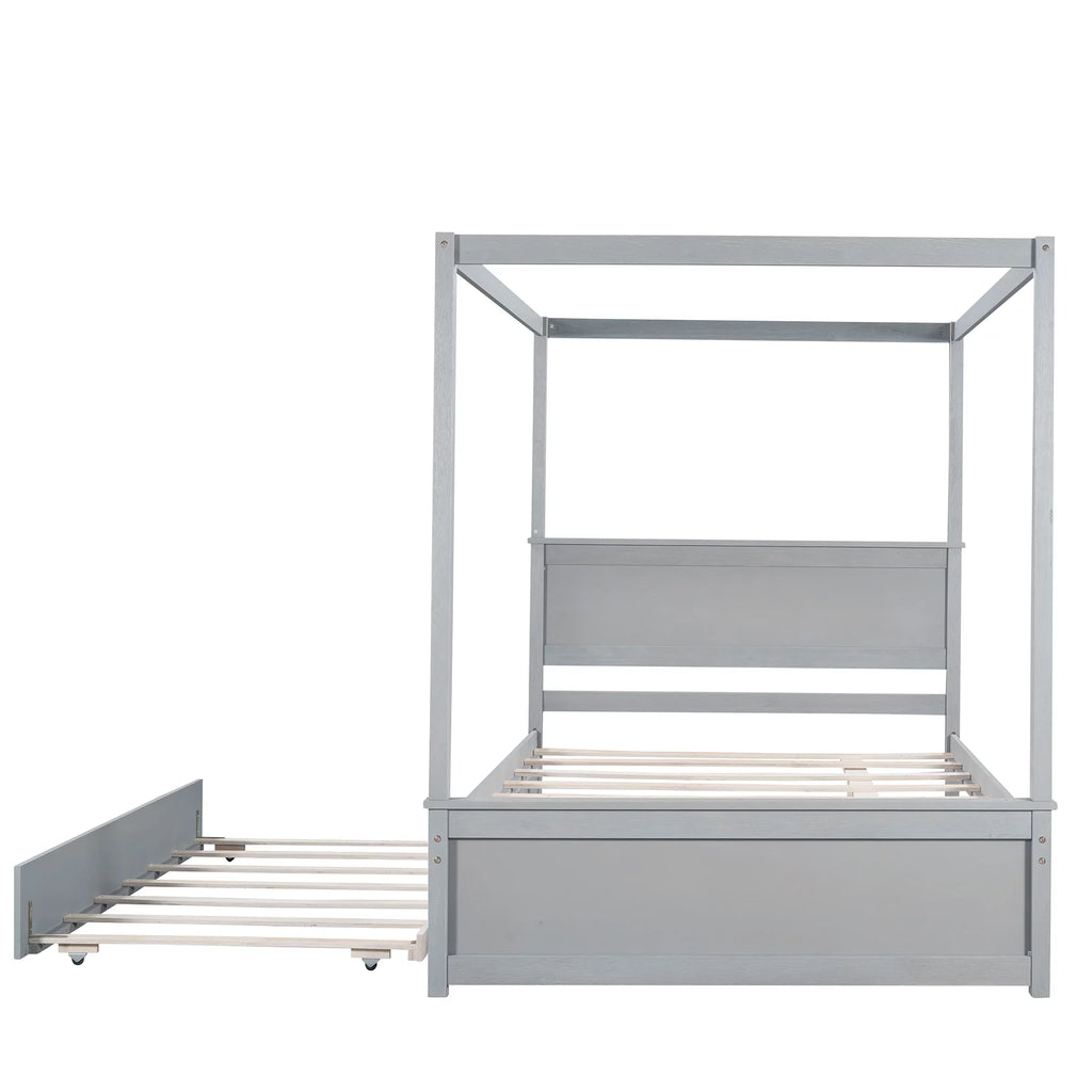 Gray Full Size Wood Canopy Bed with Trundle Bed C8149