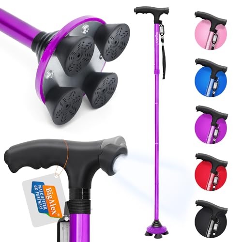 Folding Walking Cane with LED Light, Adjustable Quad Base with Carrying Bag P938