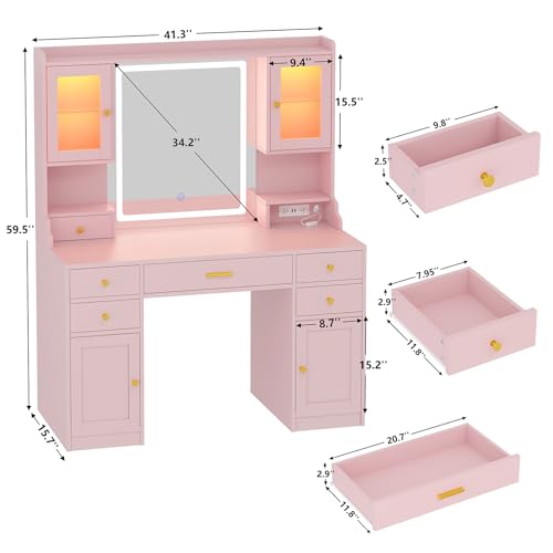 White Makeup Vanity Desk with Mirror and Lights, Large Vanity Table Set with Charging Station, Dressing Table with RGB Cabinets, 3 LED Lights Modes M39437