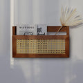 Wall Wood Magazine Rack with PE Rattan Grid, Size 17.3" x 4" x 9.4", Brown Q3319