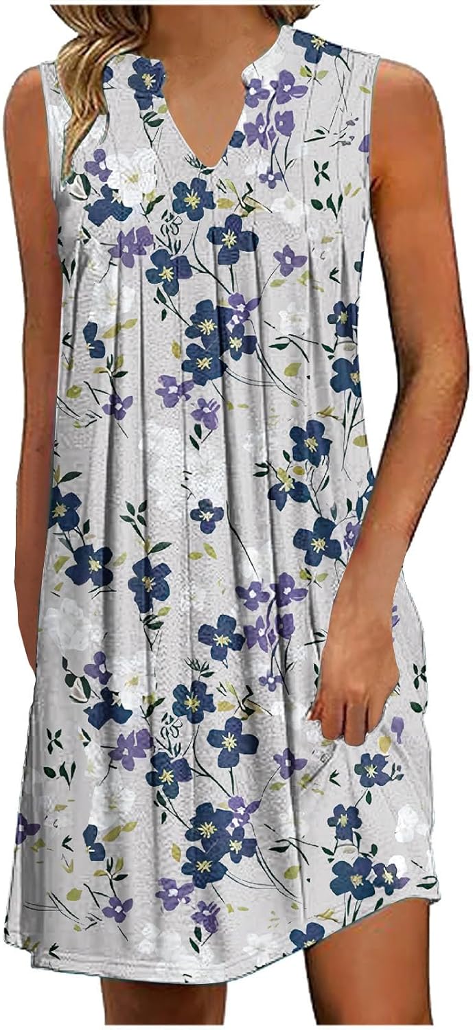 Women Casual A-Line Dress with Pockets Sleeveless V Neck Tshirt Dress Loose Pleated Flowy Dress P754