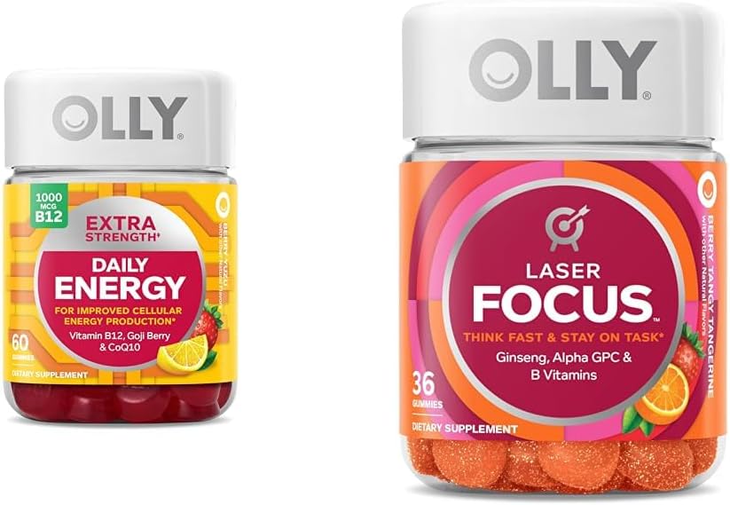 Extra Strength Daily Energy Gummy with Vitamin B12, CoQ10, Goji Berry, 60 Count & Laser Focus Gummy with Ginseng, Alpha GPC, 36 Count R480