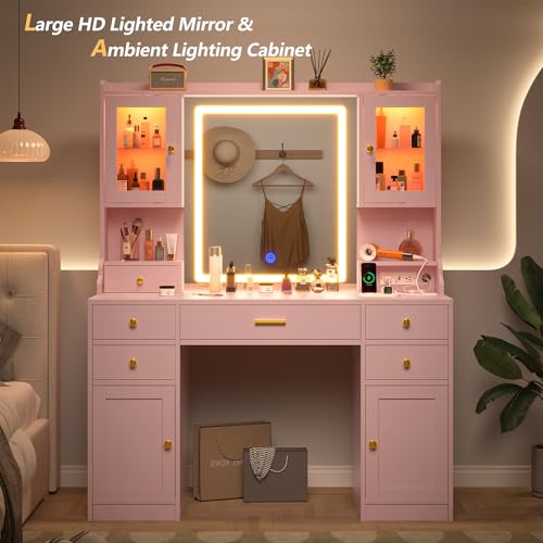 White Makeup Vanity Desk with Mirror and Lights, Large Vanity Table Set with Charging Station, Dressing Table with RGB Cabinets, 3 LED Lights Modes M39437