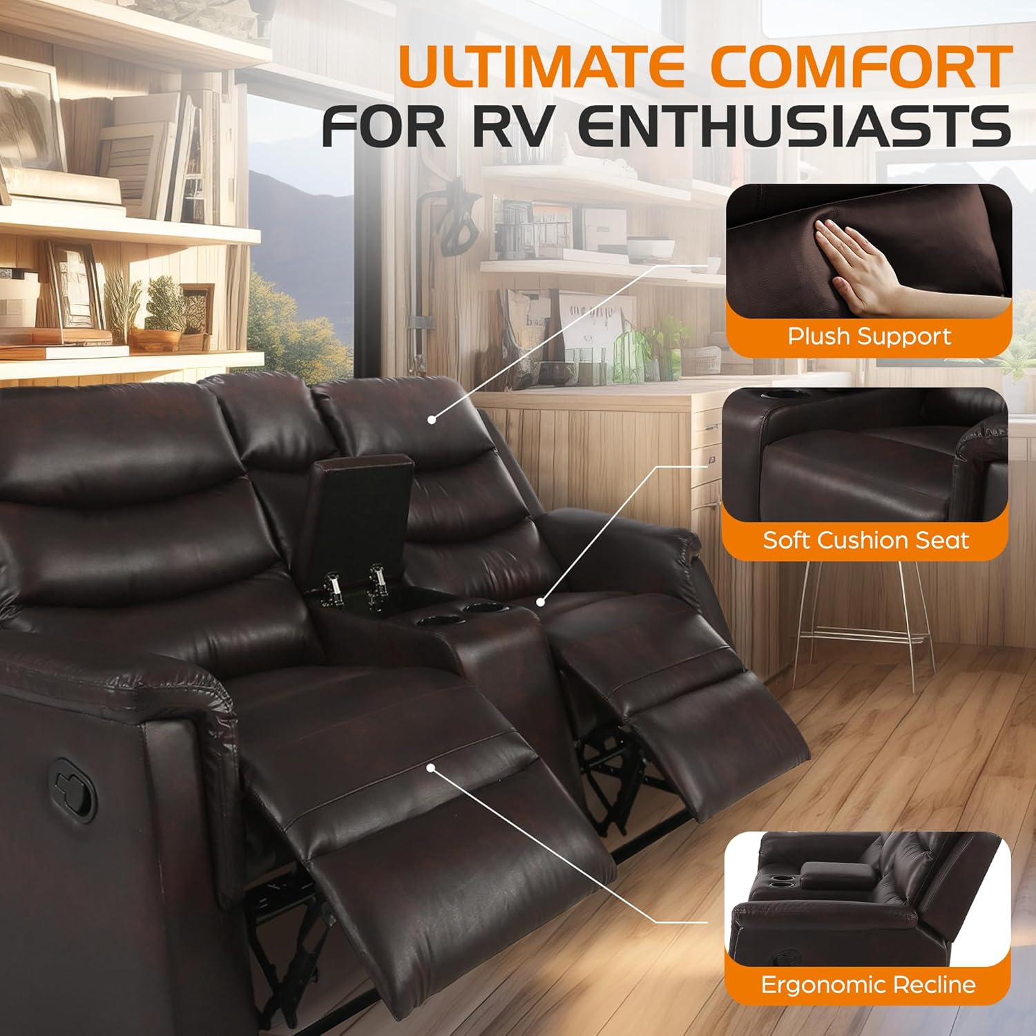 68" Wall Hugger RV Couch with Console Cup Holder Double Seat Reclining Chair Browm I763