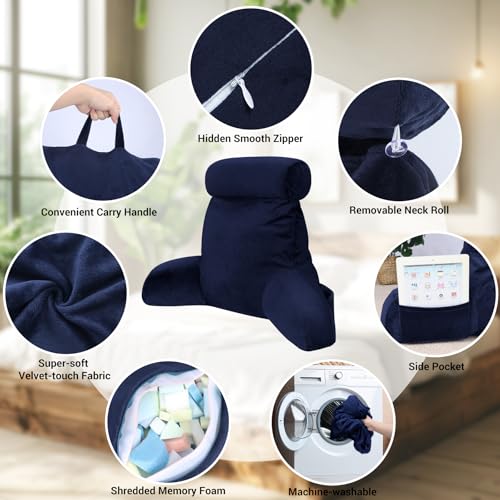 Grey Backrest Pillow with Arms, Headrest, Pockets, Removable Washable Cover, Detachable Neck Roll (Large 27") A9241