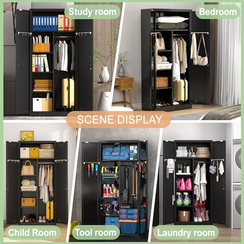 Black Metal Armoire Wardrobe with 2 Doors, 1 Adjustable Shelf, 2 Drawers, and Hanging Rod G14026
