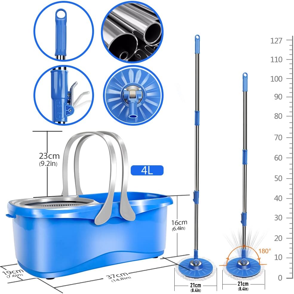 Spin Mop and Bucket with Wringer Set, Microfiber Mops Bucket, Stainless Steel Handle & 5 Reusable Pads I9225