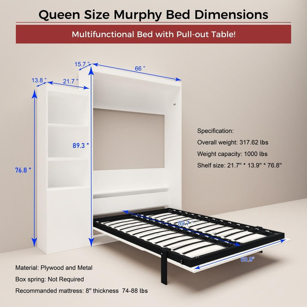 White Queen Size Vertical Murphy Bed with Desk and Drawers J502