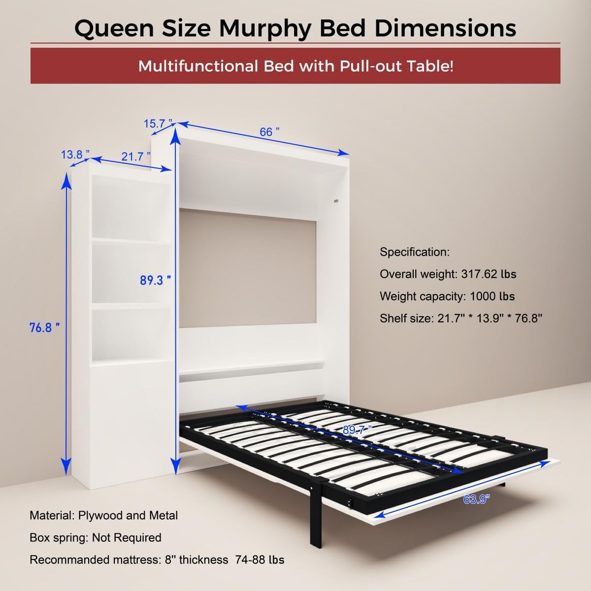 White Queen Size Vertical Murphy Bed with Desk and Drawers J502