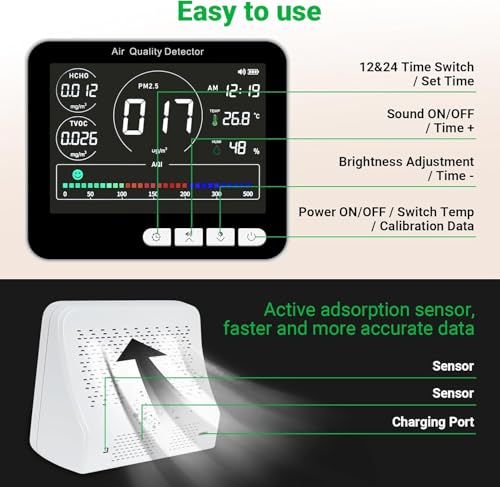 14 in 1 Air Quality Monitor Indoor with Beep Alarm, PM1.0|PM2.5|PM10|HCHO|TVOC|AQI|Temperature|Humidity|Time, Battery Powered Air Monitor I5107