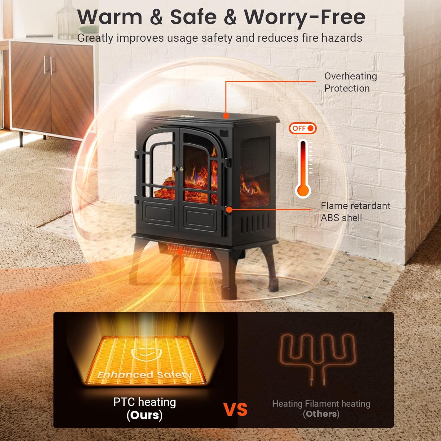 24'' Electric Fireplace Heater with Remote Control, 3D Realistic Flame, 750/1500W M172899