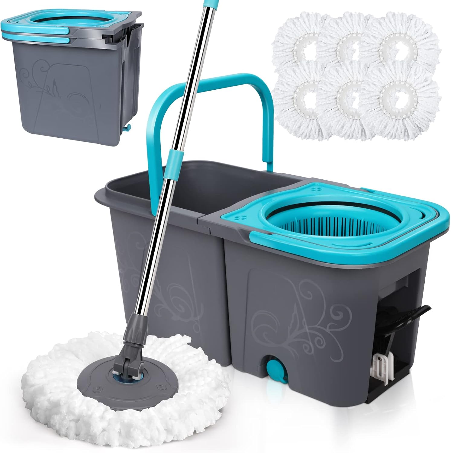 Spin Mop and Bucket with Wringer Set, Microfiber Mop Bucket with 6 Replacement Refills H294850