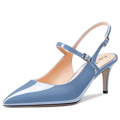 Women Pumps Pointed Toe Ankle Strap Slingback Stiletto Kitten Low Heel Dress Shoes Patent 2.5 Inch H272