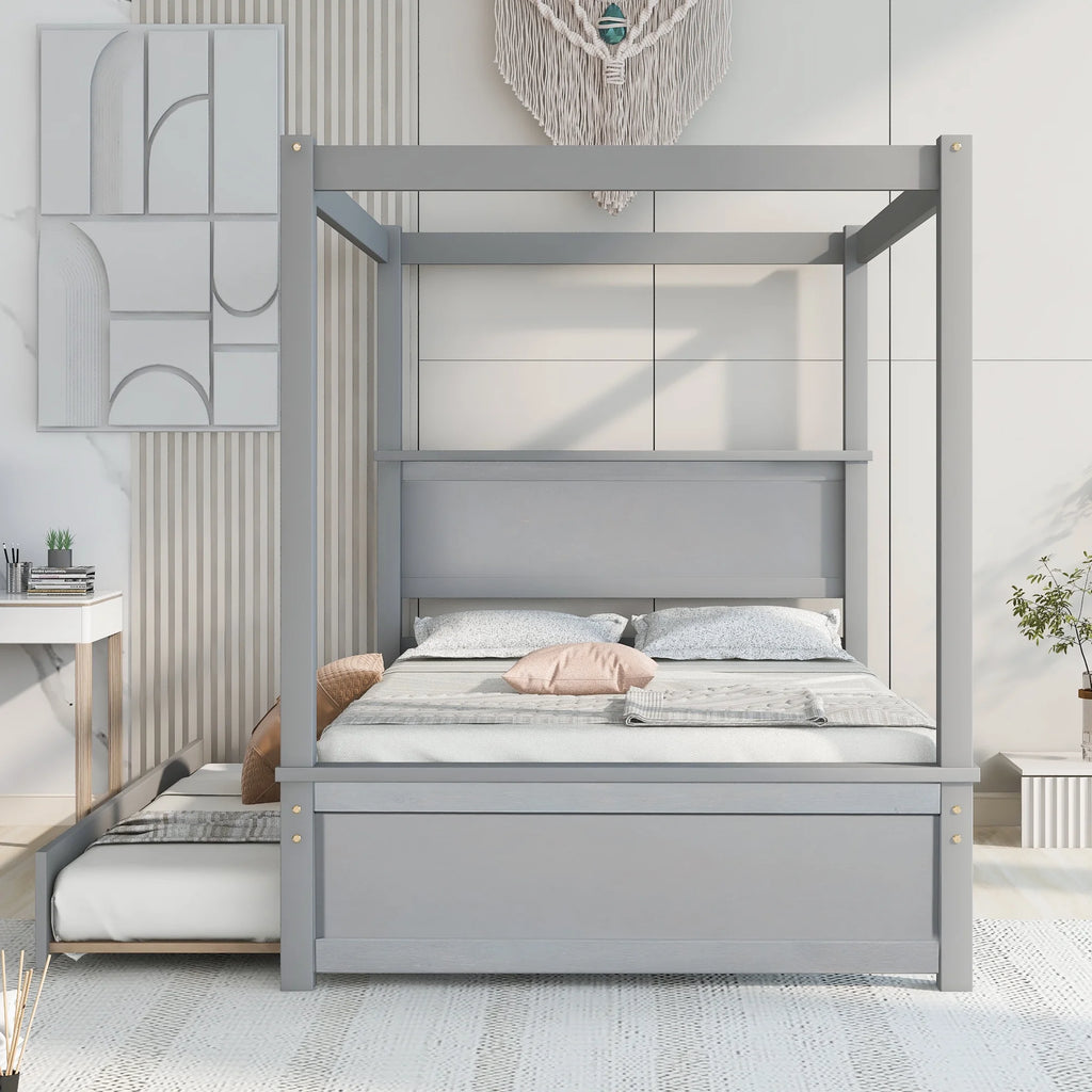 Gray Full Size Wood Canopy Bed with Trundle Bed C8149