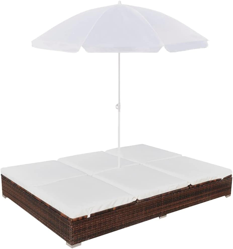 Brown Poly Rattan 2-Person Sun Lounger with Cushion and Umbrella M204