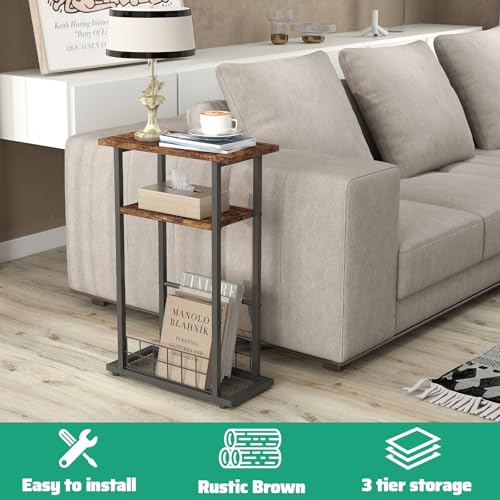 3-Tier Narrow End Table with Magazine Holder Rustic Brown X955