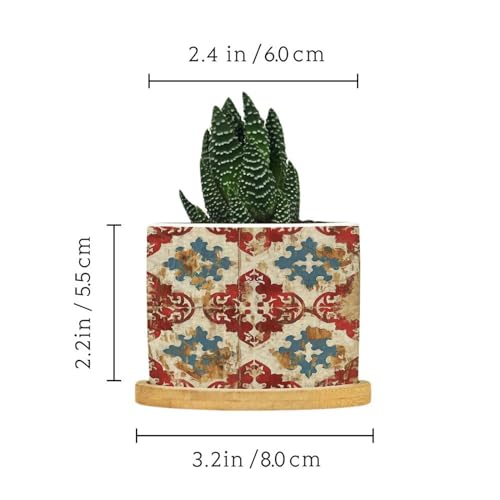 Blue And White Porcelain Ceramic Round Plant Pot with Drainage Holes And Bamboo Tray E588578