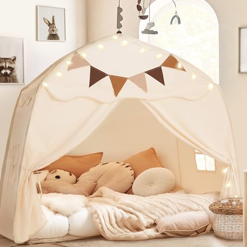 Cream Extra Large Kids Play Tent with Flags & Star Lights, 59x39x59 in H711292