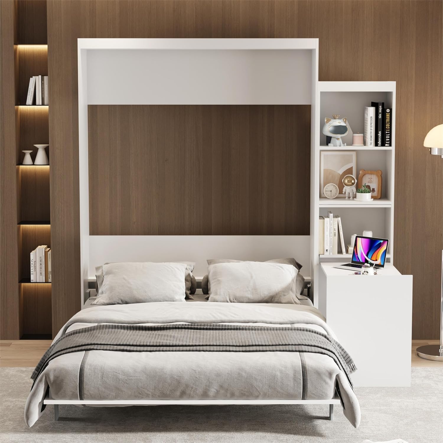White Queen Size Vertical Murphy Bed with Desk and Drawers J502