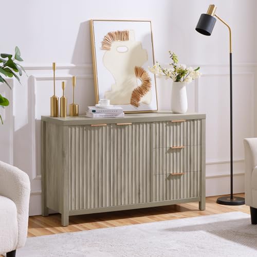 Natural 56" Fluted Sideboard Buffet Cabinet with Adjustable Shelves B8072