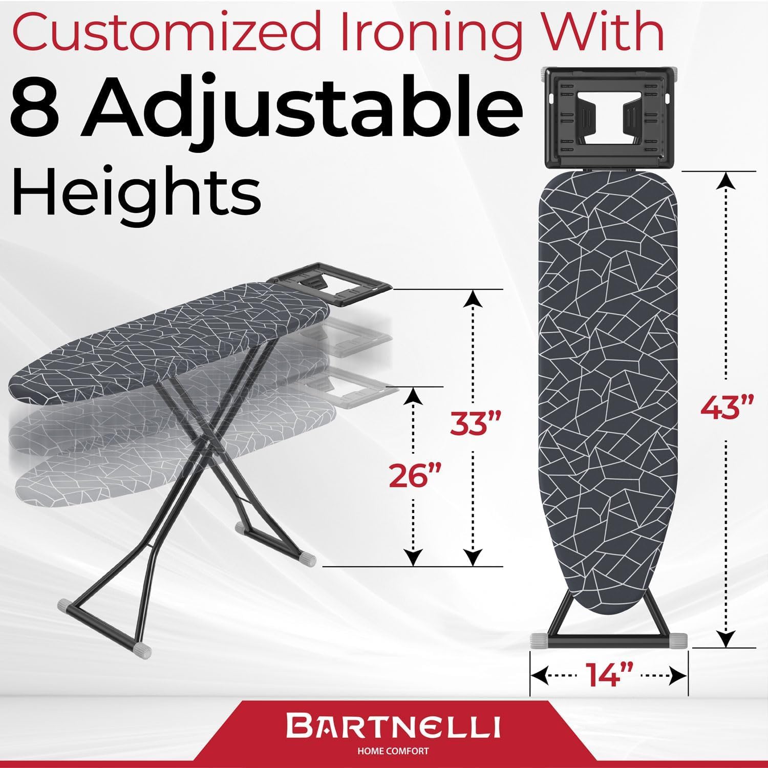13x43 Ironing Board with Reinforced Steel Legs, Adjustable Height, 4-Layer Padding M66964