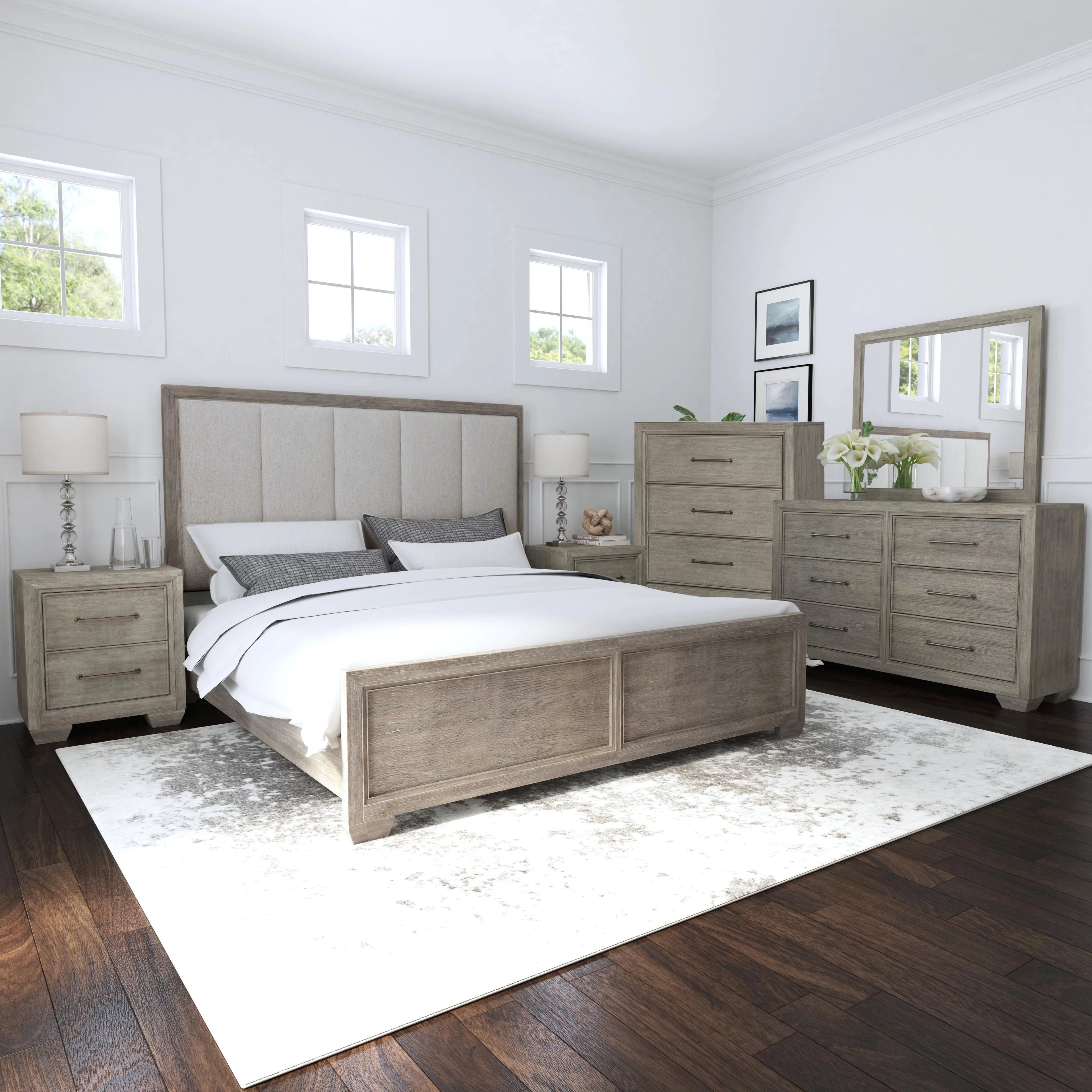 Gray Wood Queen Bedroom Set with Dresser, Mirror, Nightstand, and Chest K120