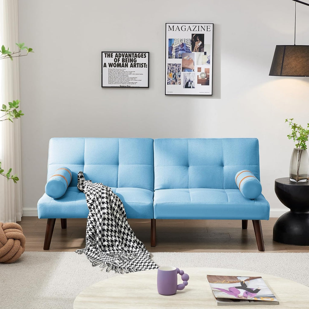 Blue Linen Futon Sofa Loveseat Convertible Sleeper Bed with Solid Wood Legs Adjustable Backrests A642
