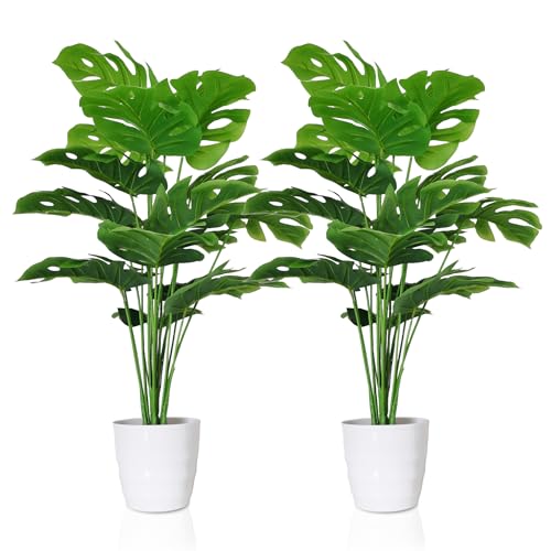 Set of 2 Artificial Areca Palm Plants, 32 Inch Fake Tropical Palm Trees with Greenery Leaves and Stems V191967