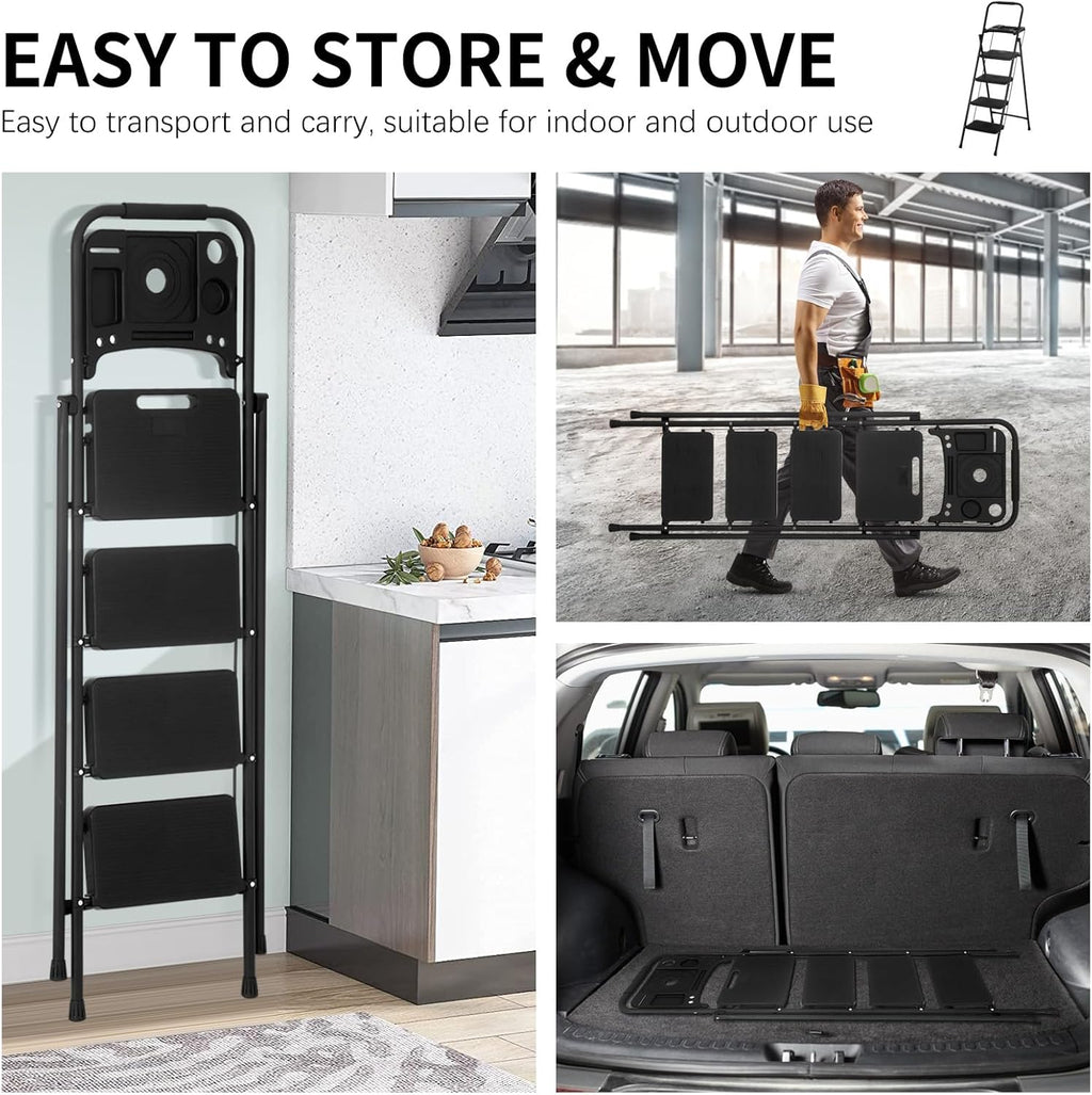 Black Steel Folding Step Stool with Tool Tray M117