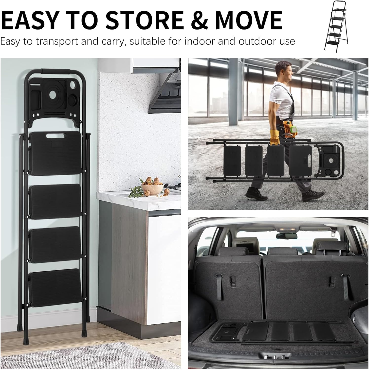 Black Steel Folding Step Stool with Tool Tray M117