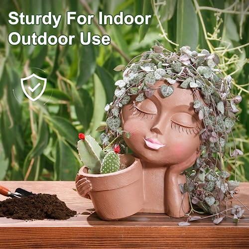 Khaki Lady Face Planter Pot with Drainage Hole R73216